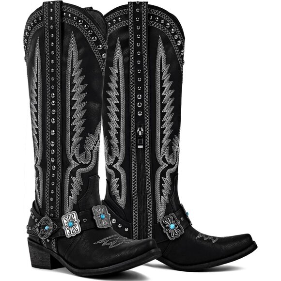 ⚡Women's Black Knee High Western Cowgirl Boots with Embroidery Belt Buckle Chain